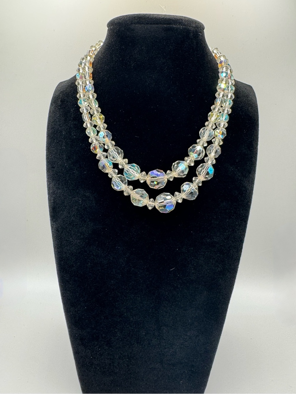 Vintage Crystal Aurora Double-Strand Iridescent Faceted Glass Beaded Necklace
